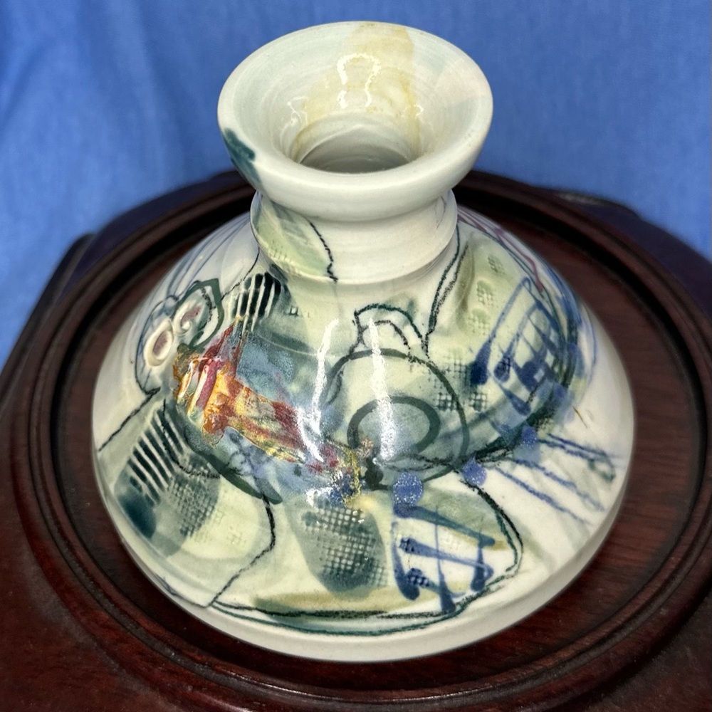 Abstract RENO Ceramic Vase / candle holder with blue and green dragonfly design
